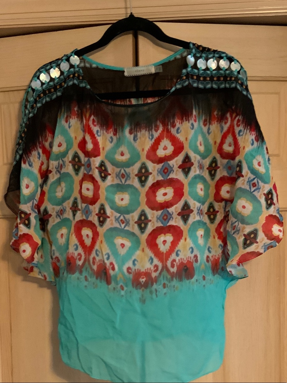 Turquoise Multicolor Sheer Embellished Blouse